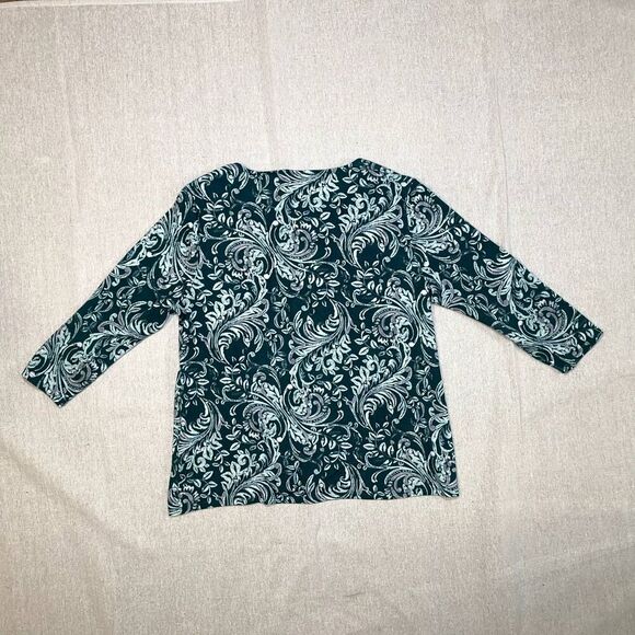 Chico's | Green Scroll Print 3/4 Sleeve Top | Large - Picture 2 of 5